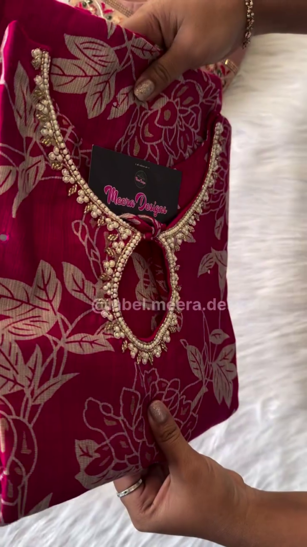 Burgundy Floral Print Kurti with Decorative Neckline - Image 4