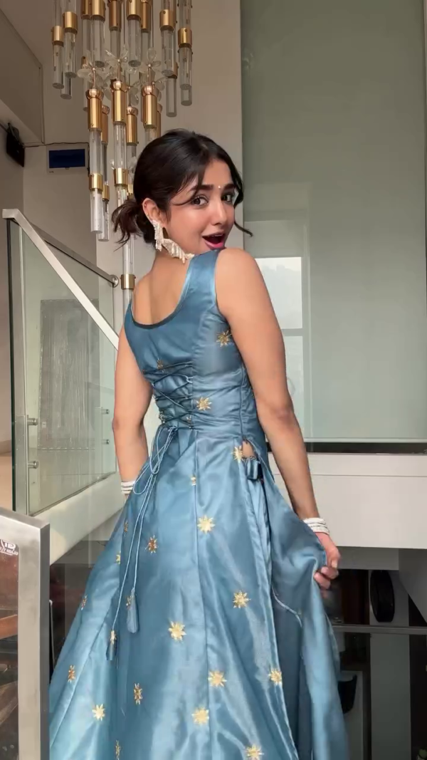 Elegant Sky Blue Silk Blend Sleeveless Anarkali Gown with Golden Embroidered Motifs and Contrast Net Dupatta – Festive and Ethnic Wear for Women - Image 3