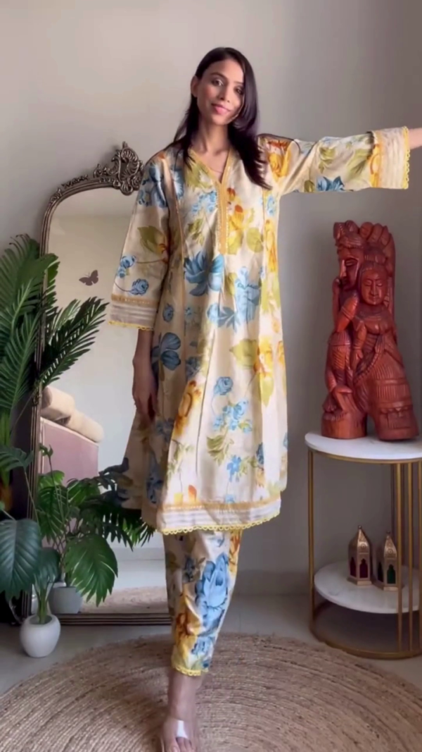 Elegant Floral Print Festive Kurta with Intricate Embroidery - A Perfect Blend of Tradition and Modernity - Image 3