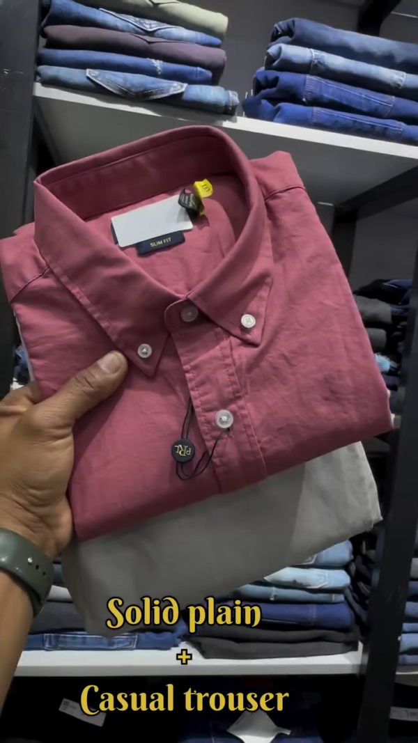 Slim Fit Solid Plain Cotton Casual Shirt and Trousers Combo Set - Image 2