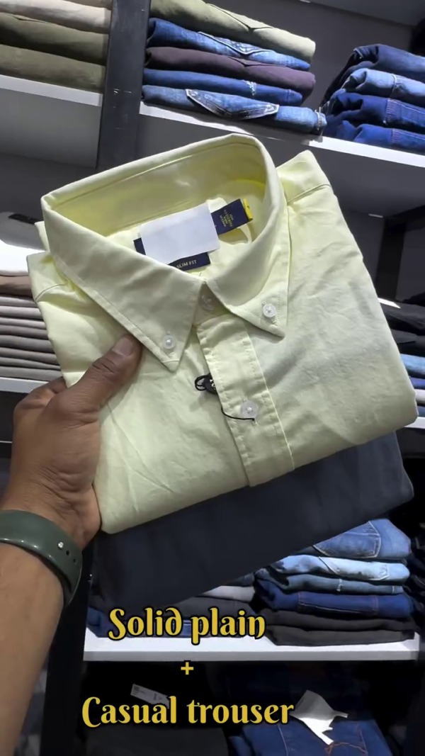 Slim Fit Solid Plain Cotton Casual Shirt and Trousers Combo Set - Image 3