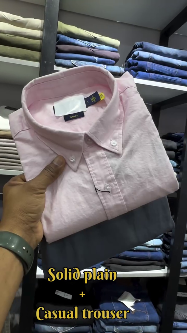 Slim Fit Solid Plain Cotton Casual Shirt and Trousers Combo Set - Image 4
