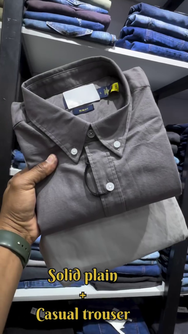 Slim Fit Solid Plain Cotton Casual Shirt and Trousers Combo Set - Image 5