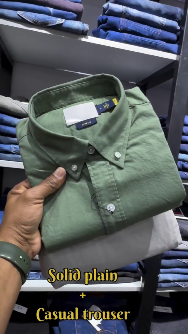 Slim Fit Solid Plain Cotton Casual Shirt and Trousers Combo Set