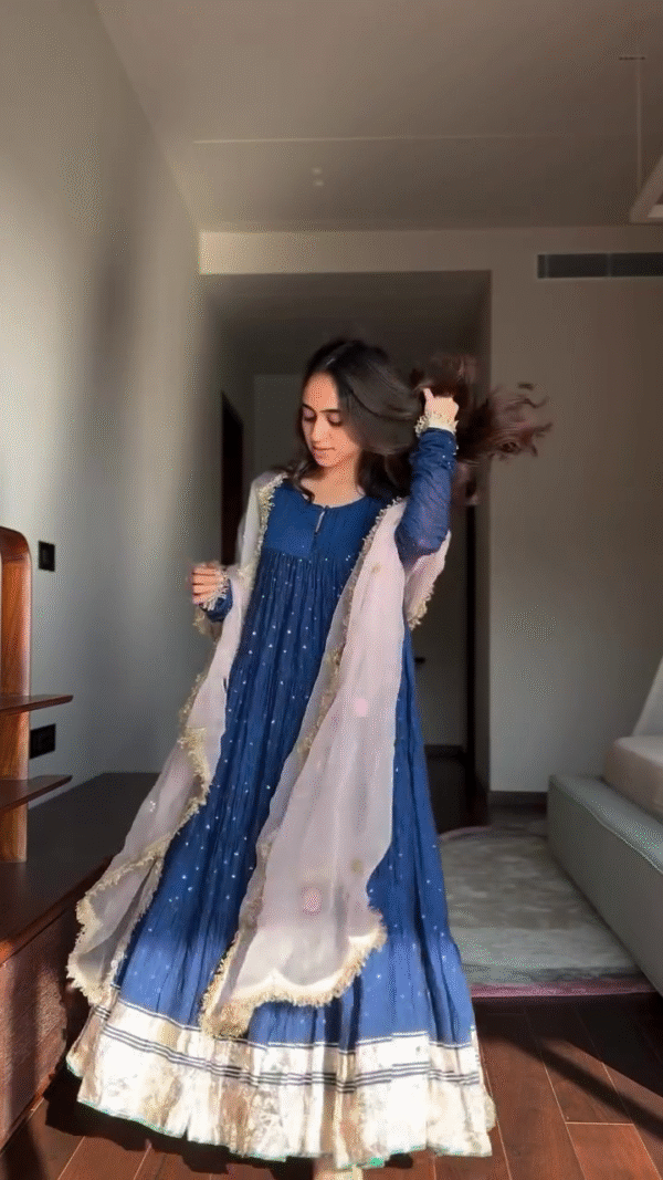 Midnight Blue Gota Patti Anarkali Kurti with Net Dupatta