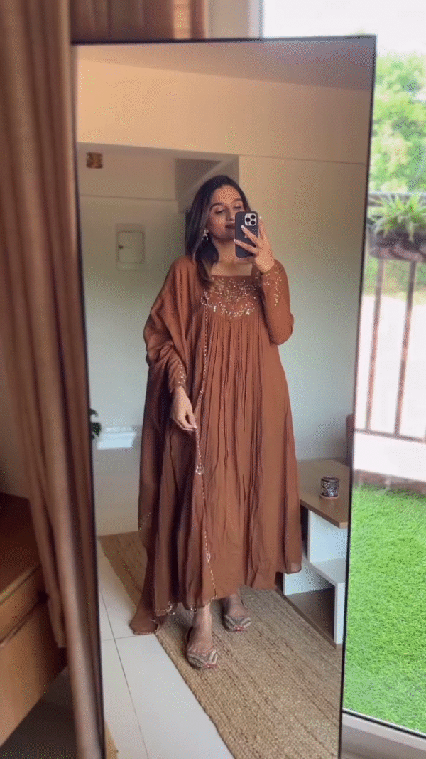 Elegant Hand-Embroidered Rust Brown Anarkali Dress with Flowy Pleats and Intricate Floral Details - Image 2