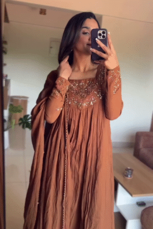 Elegant Hand-Embroidered Rust Brown Anarkali Dress with Flowy Pleats and Intricate Floral Details
