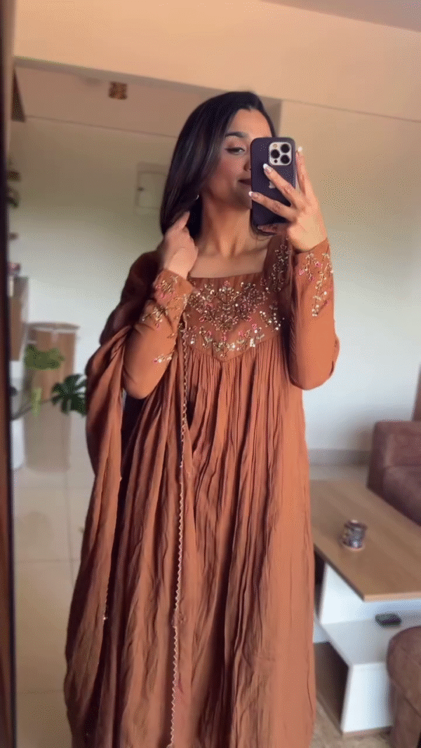 Elegant Hand-Embroidered Rust Brown Anarkali Dress with Flowy Pleats and Intricate Floral Details