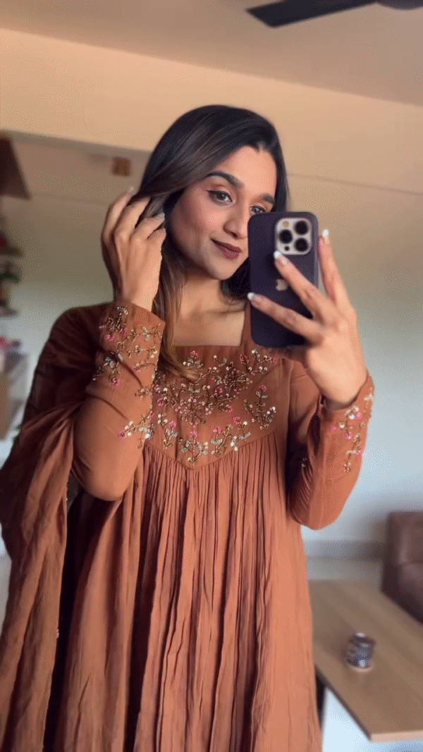 Elegant Hand-Embroidered Rust Brown Anarkali Dress with Flowy Pleats and Intricate Floral Details - Image 3
