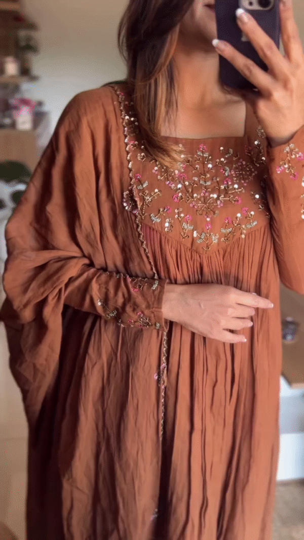 Elegant Hand-Embroidered Rust Brown Anarkali Dress with Flowy Pleats and Intricate Floral Details - Image 4