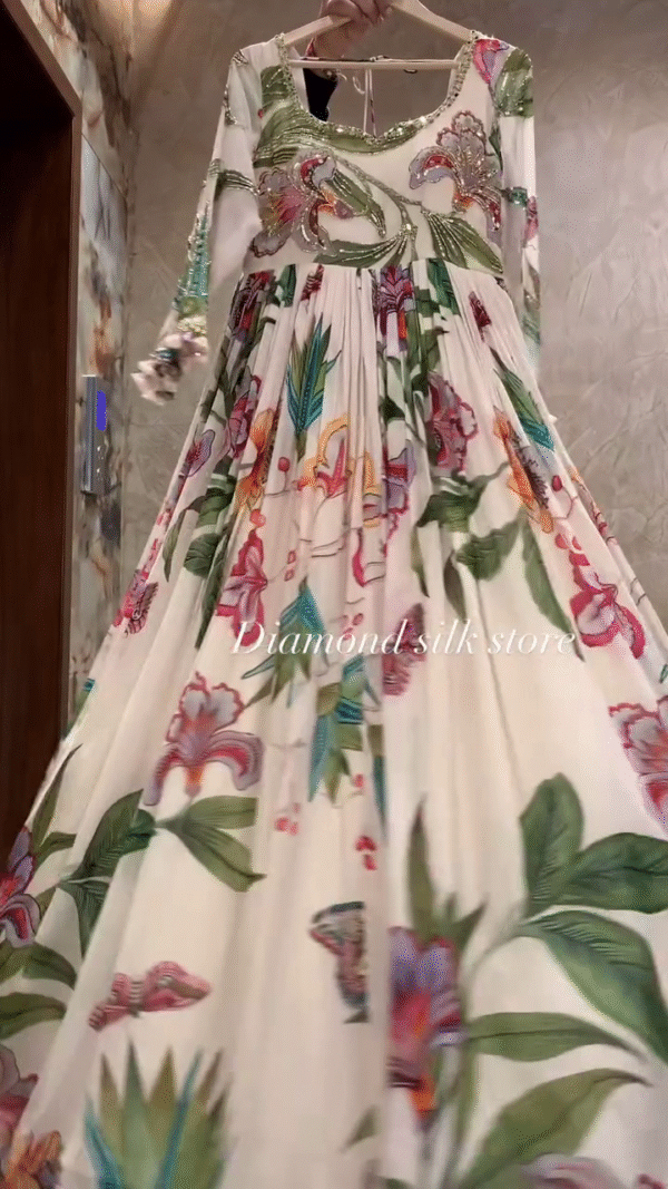 Exquisite Floral Embroidered A-Line Anarkali Dress with Handcrafted Sequins and Modelled Silk Fabric for Festive Occasions - Image 2
