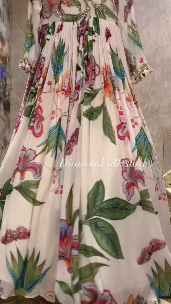 Exquisite Floral Embroidered A-Line Anarkali Dress with Handcrafted Sequins and Modelled Silk Fabric for Festive Occasions - Image 3