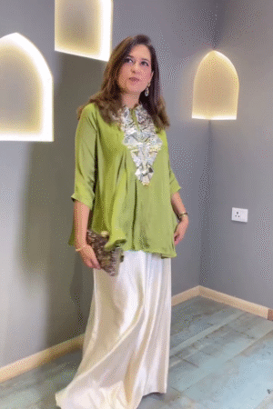Elegant Chic Embroidered Flowy Tunic in Lush Green and Vibrant Pink with Sequined Detailing