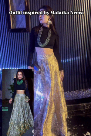 Exquisite Evening Ensemble: Malaika Arora Inspired Ethnic Wear, Featuring a Black Crop Top and Golden Foil Skirt