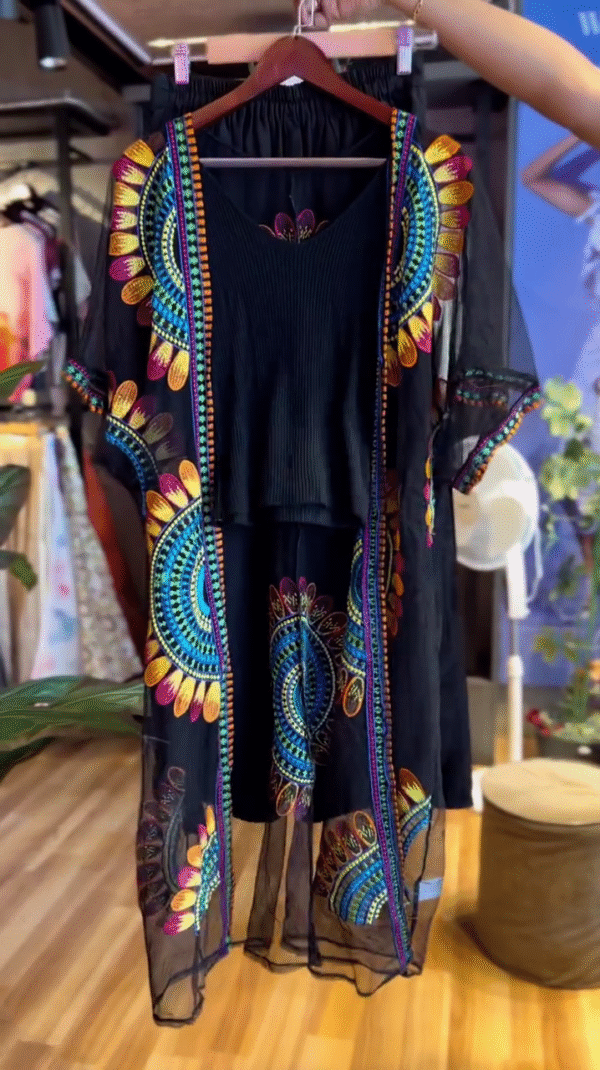 Elegant Embroidered Black Kaftan Dress with Vibrant Colorful Motifs