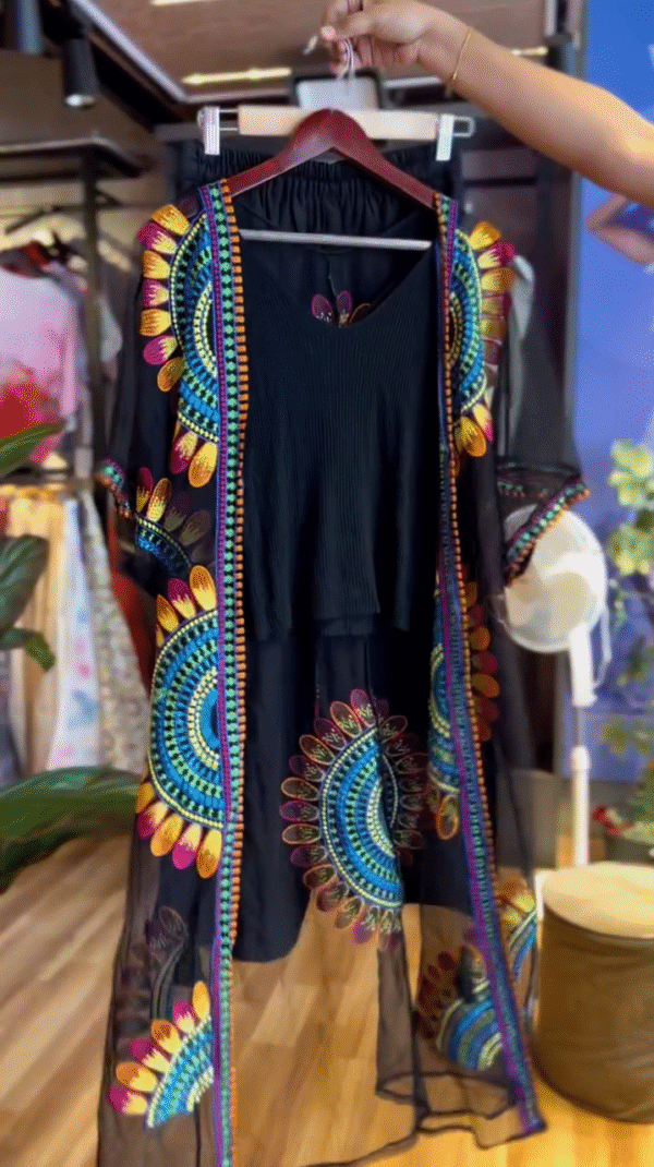 Elegant Embroidered Black Kaftan Dress with Vibrant Colorful Motifs - Image 4