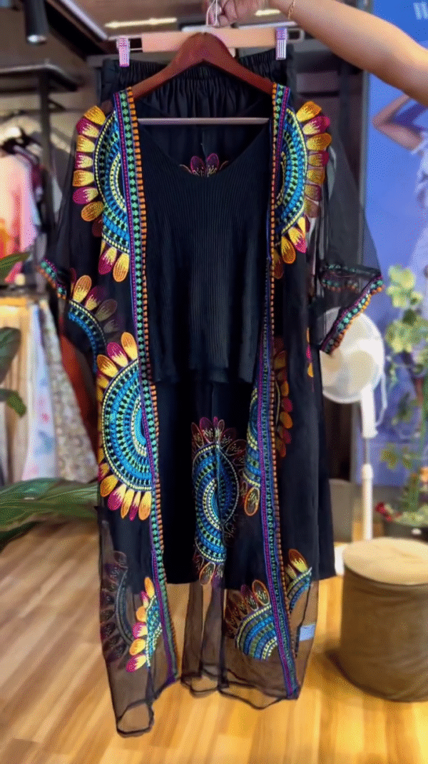 Elegant Embroidered Black Kaftan Dress with Vibrant Colorful Motifs - Image 2