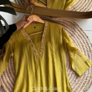 Elegant Mustard Yellow Hand-Embroidered Kurta Set with Sequin Embellished Neckline and Matching Dupatta in Soft Cotton-Silk Blend Fabric – Festive & Ethnic Wear for Women