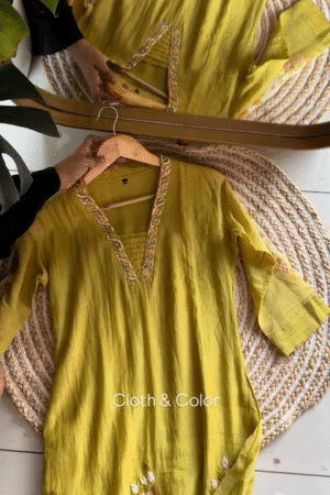 Elegant Mustard Yellow Hand-Embroidered Kurta Set with Sequin Embellished Neckline and Matching Dupatta in Soft Cotton-Silk Blend Fabric – Festive & Ethnic Wear for Women