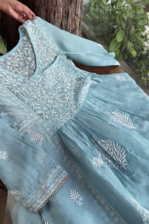 Elegant Powder Blue Hand-Embroidered Chikankari Anarkali Kurta Set with Sequins and Gota Patti Detailing on Organza Fabric