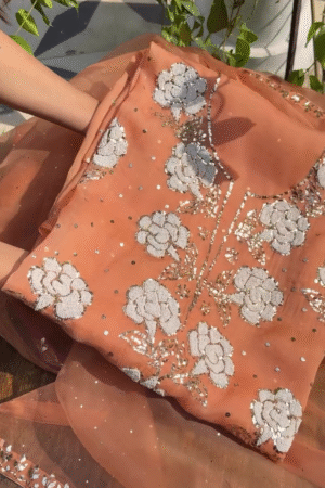 Rust Orange Pure Organza Dupatta with Handcrafted Pearl Beaded Floral Embroidery, Sequin Detailing, and Metallic Thread Accents – Luxury Ethnic Wear for Festive and Wedding Occasions