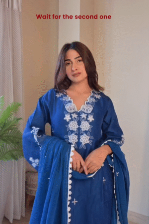 Elegant Royal Blue Soft Cotton Kurta Set with Intricate White Thread Floral Embroidery, Flared Sleeves, and Matching Embroidered Dupatta – Ethnic Wear for Festive Days, Brunches & Casual Celebrations