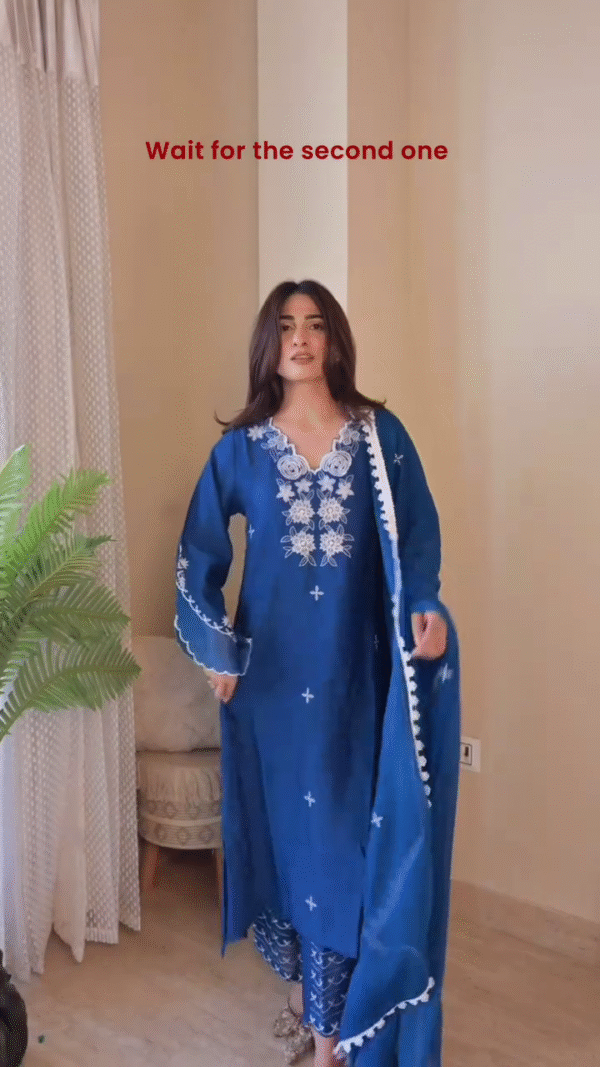 Elegant Royal Blue Soft Cotton Kurta Set with Intricate White Thread Floral Embroidery, Flared Sleeves, and Matching Embroidered Dupatta – Ethnic Wear for Festive Days, Brunches & Casual Celebrations - Image 5