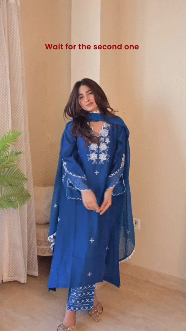 Elegant Royal Blue Soft Cotton Kurta Set with Intricate White Thread Floral Embroidery, Flared Sleeves, and Matching Embroidered Dupatta – Ethnic Wear for Festive Days, Brunches & Casual Celebrations - Image 3