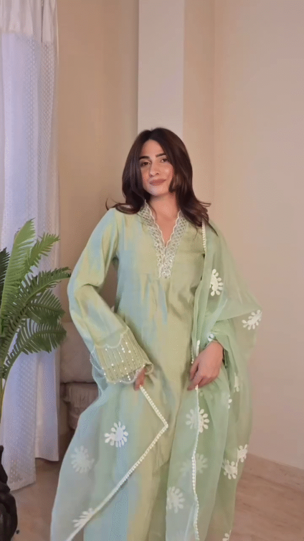 Elegant Royal Blue Soft Cotton Kurta Set with Intricate White Thread Floral Embroidery, Flared Sleeves, and Matching Embroidered Dupatta – Ethnic Wear for Festive Days, Brunches & Casual Celebrations - Image 4