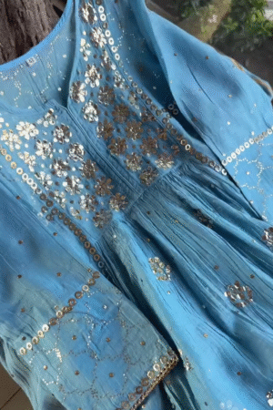Turquoise Blue Pure Georgette Anarkali Kurta with Hand-Embroidered Mirror Work, Sequin Detailing & Gota Patti Borders