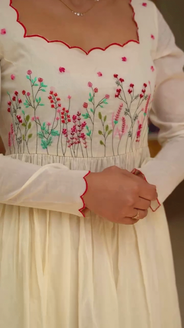 Elegant Floral Embroidered Long Sleeve Anarkali Dress with Matching Dupatta - Image 2