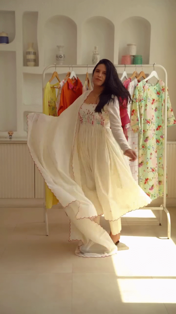 Elegant Floral Embroidered Long Sleeve Anarkali Dress with Matching Dupatta - Image 3