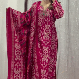 Elegant Magenta Pink Traditional Ikat Printed Soft Cotton Unstitched Salwar Suit Set with Matching Dupatta and Delicate Thread Embroidery for Festive & Casual Wear