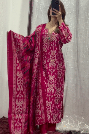 Elegant Magenta Pink Traditional Ikat Printed Soft Cotton Unstitched Salwar Suit Set with Matching Dupatta and Delicate Thread Embroidery for Festive & Casual Wear
