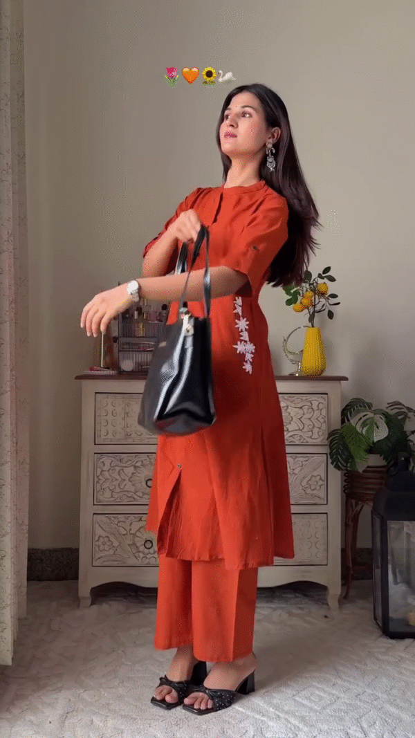 Elegant Midnight Black Straight Kurta Set with Beige-Pink Geometric Ikat Print Dupatta and Matching Trousers - Image 2
