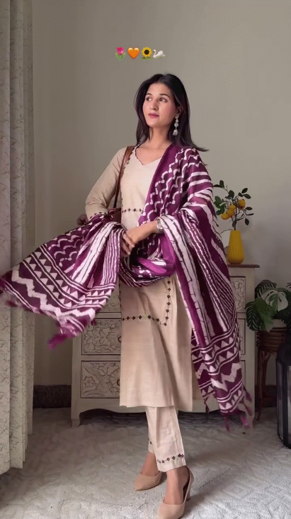 Elegant Midnight Black Straight Kurta Set with Beige-Pink Geometric Ikat Print Dupatta and Matching Trousers - Image 4