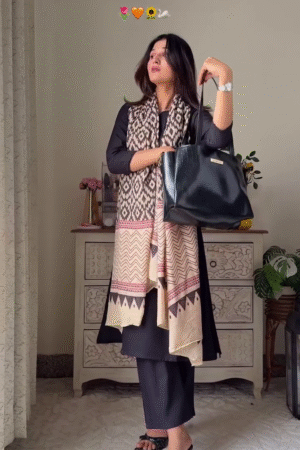 Elegant Midnight Black Straight Kurta Set with Beige-Pink Geometric Ikat Print Dupatta and Matching Trousers