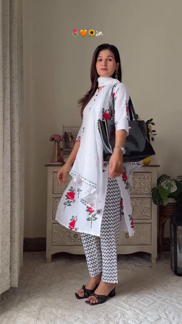 Elegant Midnight Black Straight Kurta Set with Beige-Pink Geometric Ikat Print Dupatta and Matching Trousers - Image 5