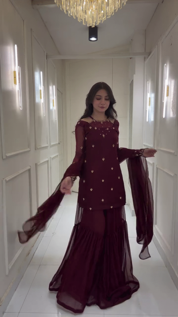 Designer Maroon Georgette Sharara Suit Set with Embroidered Kurti, Sheer Full Sleeves, Golden Sequin Motifs & Matching Dupatta – Elegant Traditional Wear for Wedding Functions, Festivals & Special Occasions - Image 2