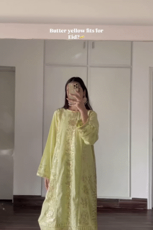 Ethereal Butter Yellow Eid Ensemble with Intricate Embroidery and Elegant Chiffon Dupatta
