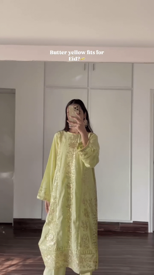 Ethereal Butter Yellow Eid Ensemble with Intricate Embroidery and Elegant Chiffon Dupatta