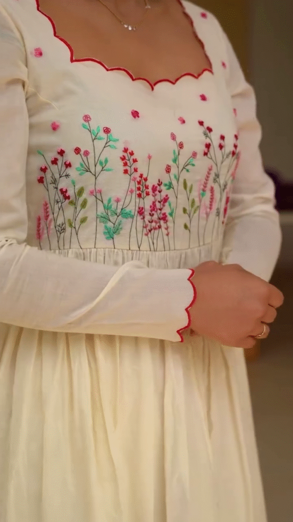 Elegant Floral Embroidered Long Sleeve Anarkali Dress with Matching Dupatta - Image 4