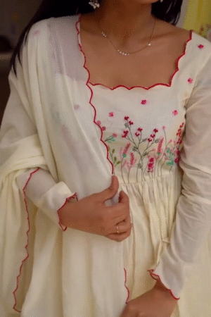 Elegant Floral Embroidered Long Sleeve Anarkali Dress with Matching Dupatta