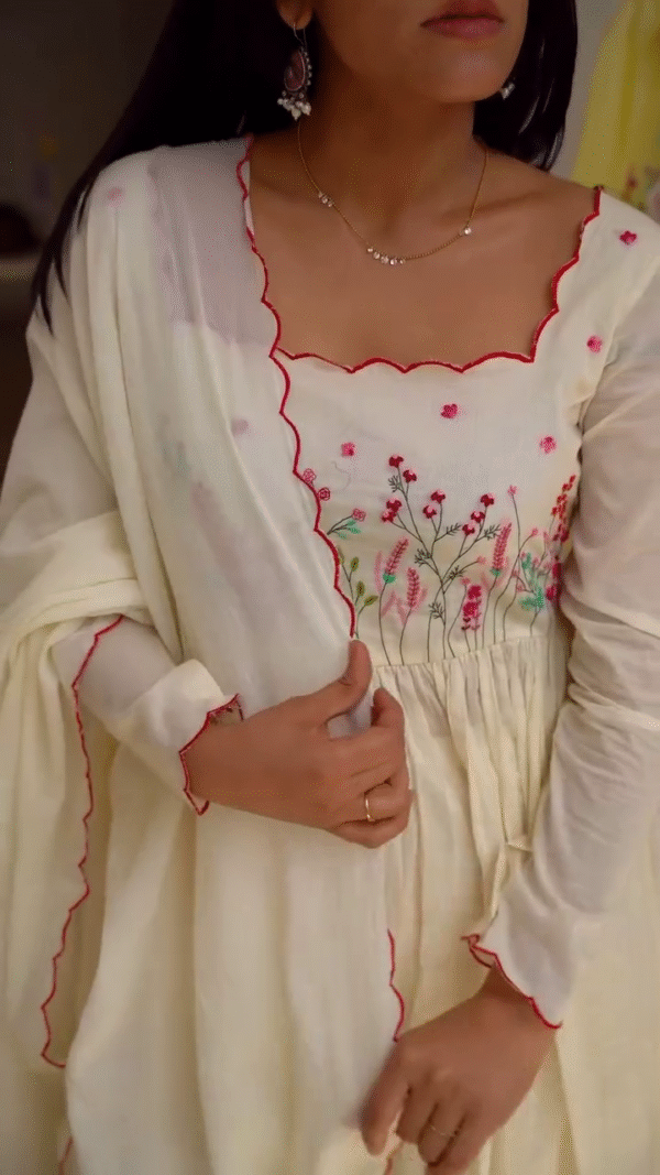 Elegant Floral Embroidered Long Sleeve Anarkali Dress with Matching Dupatta