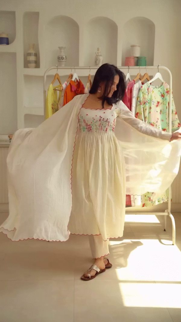 Elegant Floral Embroidered Long Sleeve Anarkali Dress with Matching Dupatta - Image 5