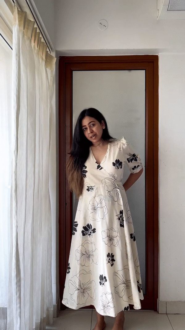 Product Name: Elegant Floral Wrap Dress in Cream with Black Floral Prints - Image 4