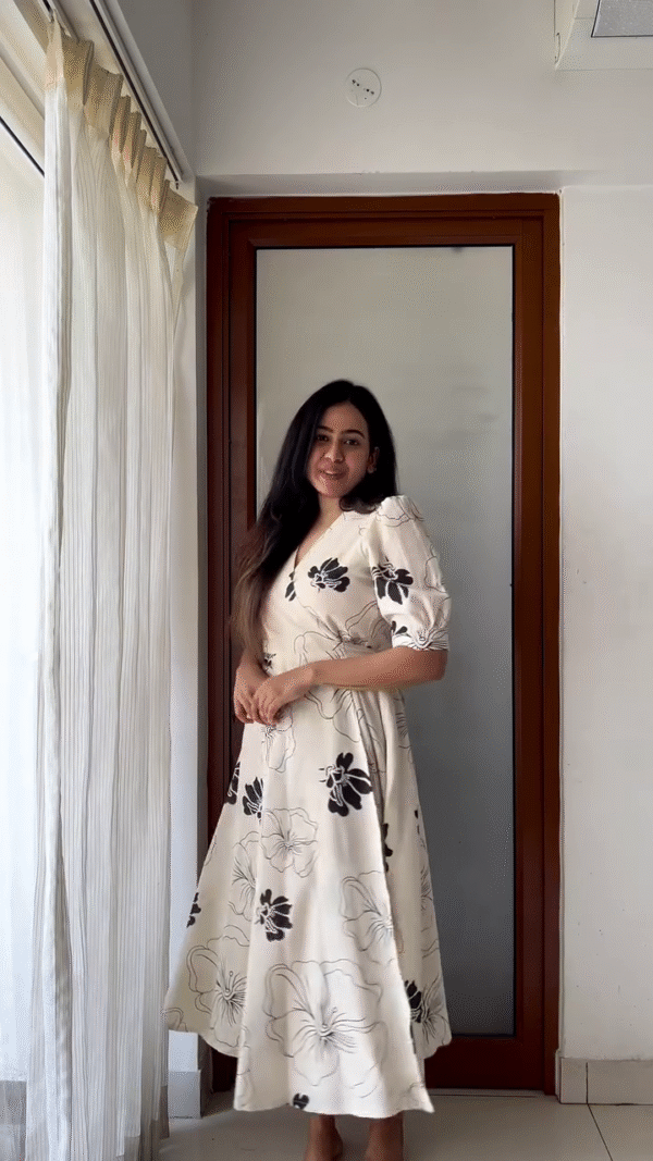 Product Name: Elegant Floral Wrap Dress in Cream with Black Floral Prints