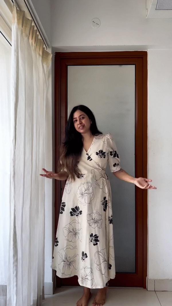 Product Name: Elegant Floral Wrap Dress in Cream with Black Floral Prints - Image 3