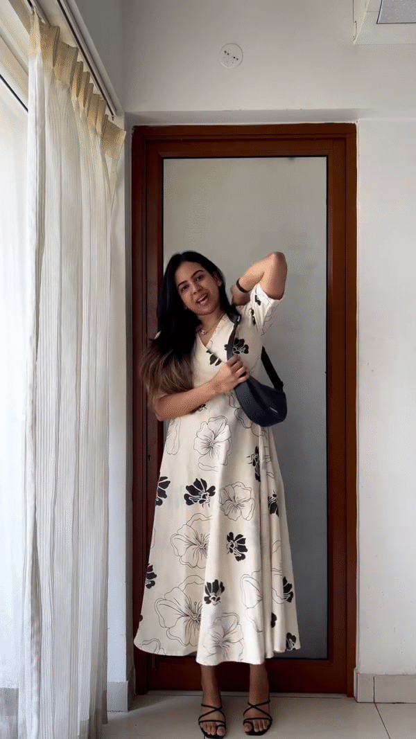 Product Name: Elegant Floral Wrap Dress in Cream with Black Floral Prints - Image 2