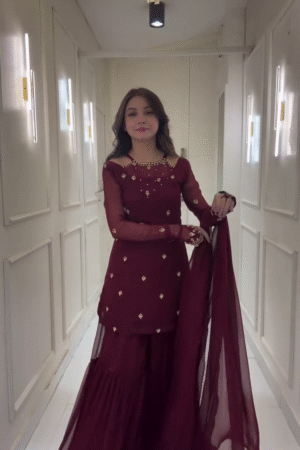 Designer Maroon Georgette Sharara Suit Set with Embroidered Kurti, Sheer Full Sleeves, Golden Sequin Motifs & Matching Dupatta – Elegant Traditional Wear for Wedding Functions, Festivals & Special Occasions